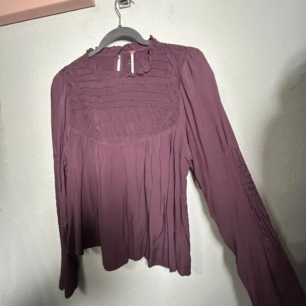 NEW Free People Smocked In Time Long Sleeve Top Plum Dark Academia Size Medium